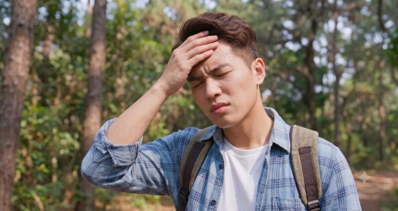 屋外で額に手を当て、暑さで体調を崩しかけている男性（熱中症のイメージ）